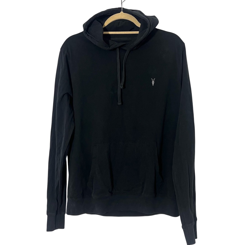 AllSaints Brace Oth Hoodie Mens Large Black Cotton Pullover Ramskull Logo Casual
